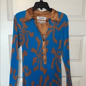 Women's Long Sleeve Blue and Brown Dress
